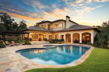 Wall Mural - Beautiful home with a pool in Florida, with a sunset in the background, green grass, and a blue sky