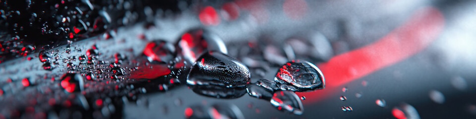 Wall Mural - Water Droplets on Dark Surface with Red and Gray Highlights