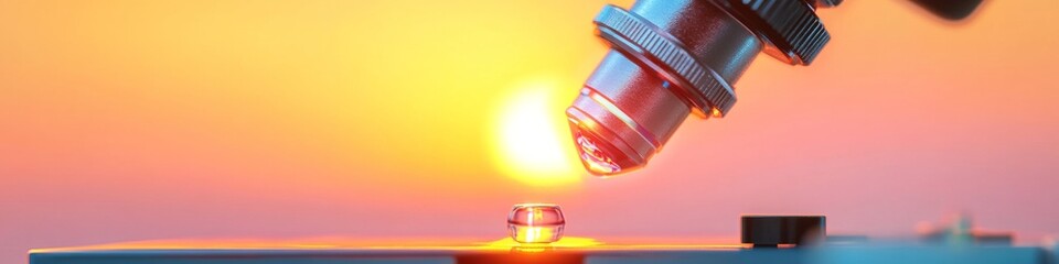 Leinwandbilder - High-Tech Scientific Exploration Sunset-Toned Microscope with Precision Glass Lens in Laboratory Setting - Innovation in STEM Research and Instrumentation