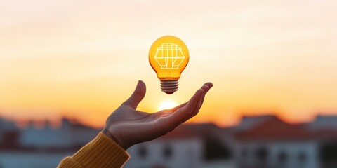 Leinwandbilder - Futuristic Tech Aesthetic Hand Holding Glowing Lightbulb at Sunset - Innovative Digital Transformation in Business Strategy and Marketing Design