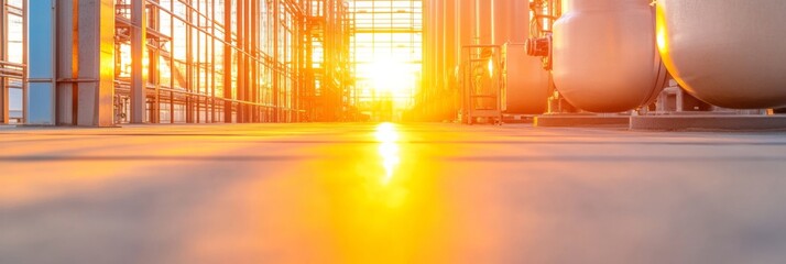 Poster - Golden Hour Industrial Sunlit Steel in Geothermal Facility - High-Tech Infrastructure and Sustainable Energy Solutions for Modern Renewable Utilities