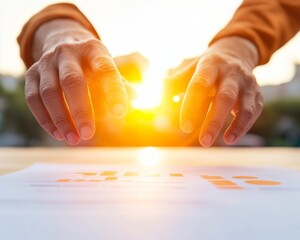 Leinwandbilder - Sunlit Financial Strategy Session Hands Over Reports and Charts on Wood - Business Innovation Content and Strategic Advisory Excellence for Financial Growth