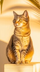 Aufkleber - Minimalist Feline Portraits Softly Lit Tabby Cat in Natural Timber Setting - Elegant Home Decor and Artistic Pet for Modern Living Spaces