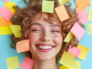 Poster - Colorful Creative Breaks Young Woman Surrounded by Vibrant Sticky Notes for Workplace Team Building and Stress Relief - Engaging Corporate Wellness Content and Modern Office Decor Ideas