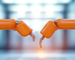 Fototapete - Futuristic Robotics Workshop Idea Precision Assembly with Orange Mechanical Arms - Tech Innovation in Engineering Education and Enhanced Industrial Automation