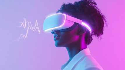 Aufkleber - Immersive Tech VR Headset on Professional in Neon-Lit Workspace - Cutting-Edge Business Innovation and Market Strategy Visualization