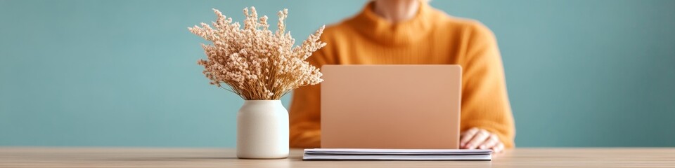 Aufkleber - Minimalist Workspace Aesthetic Terracotta Laptop with Dried Flowers on Wooden Desk - Modern Office Creativity and Professional Wellbeing Content
