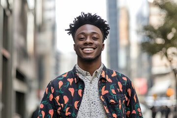 Cheerful young man posing outdoors in casual attire with an urban background