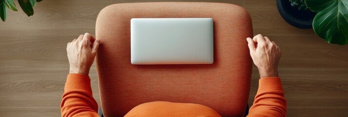 Poster - Mid-Century Modern Workspace Ergonomics Orange Fabric Chair with Minimalist Laptop - Home Office Aesthetic and Productivity Design for Creative Professionals