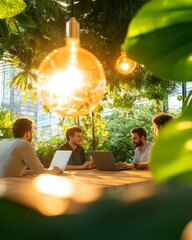 Poster - Eco-Chic Collaborative Workspace Professionals in Casual Attire with Laptops on Wooden Table in Garden Patio for Innovative Business Solutions and Creative Marketing
