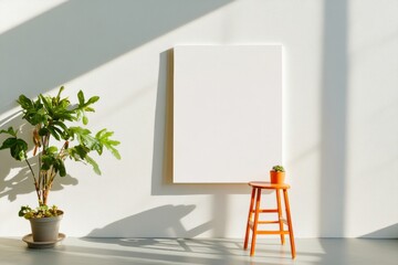 Leinwandbilder - Minimalist Indoor Plant Display Sunlit Canvas with Potted Foliage and Wooden Stool - Modern Interior Design for Sustainable Home Decor and Eco-Friendly Living Spaces