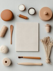 Aufkleber - Minimalist Study Desk Setup Earthy Textures and Natural Materials for Educational Creativity and Workspace Inspiration Promoting Sustainable Learning Environments