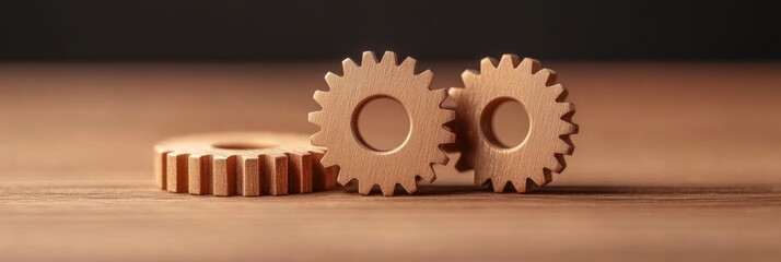 Fototapete - Minimalist Industrial Design Wooden Gear Interlock on Oak Surface - Precision Mechanics and Collaborative Workflow in Modern Engineering Education