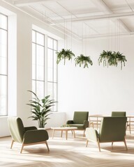 Leinwandbilder - Biophilic Open Plan Office with Green Lounge and Wood Accents - Inspiring Workspace Design for Creative Collaboration and Modern Productivity