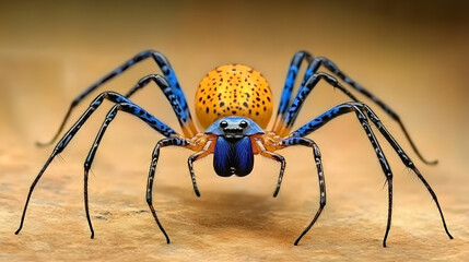 Close-up of a brightly colored spider, with intricate details, walking on a textured surface. Nature, education, or scientific study use