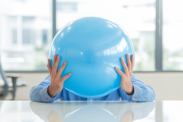 Poster - Playful Workspace Decor Reflective Giant Inflatable Stress Ball on Glass Desk - Modern Office Stress Relief and Mental Wellness Promotion