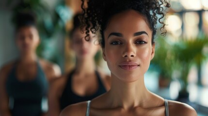 Poster - A woman with dark curly hair and a white tank top stands in front Of two Other women with a blurred background.