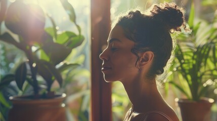 Poster - A serene woman with curly hair eyes closed and a bun surrounded by lush green plants and warm sunlight exuding a sense Of calm and tranquility.