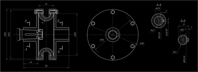 Wall Mural - assembly drawing of clutch and shaft of electrical reducer. vector design of steel mechanical device
