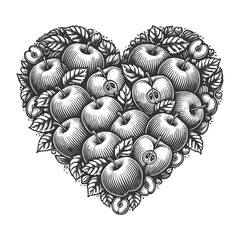 Wall Mural - heart-shaped illustration featuring whole apples, sliced apples, and detailed leaves, symbolizing nature and harvest sketch engraving generative ai raster illustration. Scratch board. Black and white.