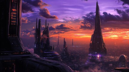 Wall Mural - Futuristic cityscape at purple sunset  neon lit buildings create a stunning cyberpunk wallpaper