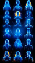 Wall Mural - hologram of diverse people, glowing with light. digital network concept, conference call. use techno