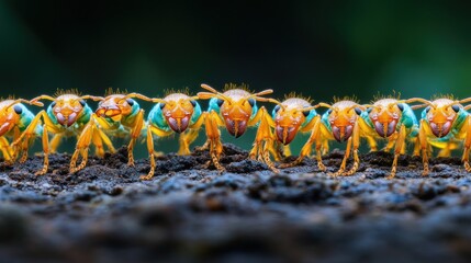 Wall Mural - Vibrant orange and teal ants marching in a row on dark soil, jungle background.  Possible use Education, nature, science