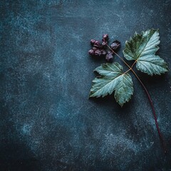 Wall Mural - Dark Moody Still Life Photography of Green Leaves and Dark Berries on Textured Background