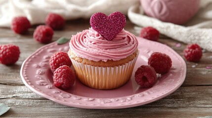 Sticker - Romantic Valentine's still life with a cupcake on a pink plate, glittery heart topping, fresh raspberries, and a soft white napkin in the background.