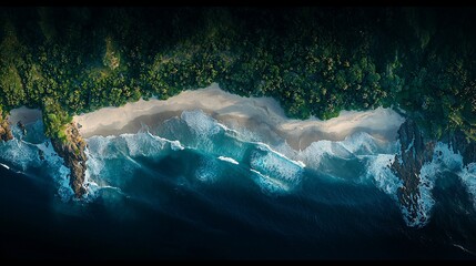 Canvas Print - Aerial view of secluded tropical beach, waves crashing on shore, lush jungle backdrop; travel, tourism