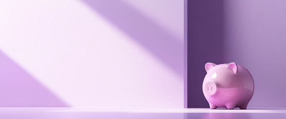 A glossy pink piggy bank in a minimalistic setting with soft pastel purple lighting and shadows, symbolizing savings, finance, and financial growth.