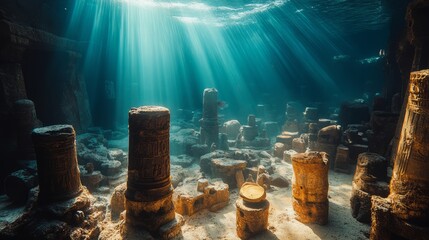 A close-up of ancient pottery displayed inside a submerged museum, with fish swimming past 