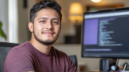 Young male software developer focused on coding at his desk, with a computer screen displaying lines of code in a modern office setting