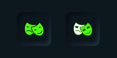 Wall Mural - Green Comedy and tragedy theatrical masks icon isolated on black background. Black square button. Vector