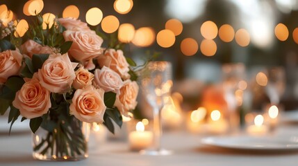 Wall Mural - A beautiful arrangement of peach roses illuminated by soft bokeh lights, creating an enchanting atmosphere for a romantic event or celebration.