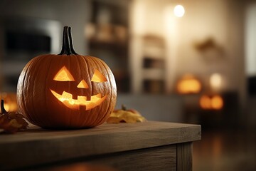 Sticker - Brightly lit carved pumpkin adds charm to autumn decor in cozy kitchen setting during Halloween celebration