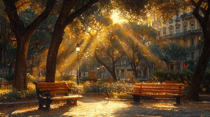 Canvas Print - Autumn sunlight streams through park trees, illuminating benches; city buildings in background; ideal for nature, calm, serenity themes