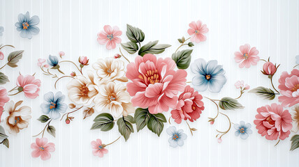 Sticker - beautiful floral wallpaper design featuring vibrant flowers various colors, including pink, white, and blue, set against subtle striped background. This elegant pattern adds touch of nature and