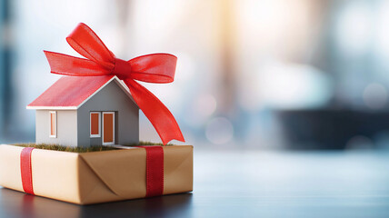 Wall Mural - small house model with red ribbon and bow sits on gift box, symbolizing joy of homeownership and new beginnings. soft background adds warm, inviting atmosphere