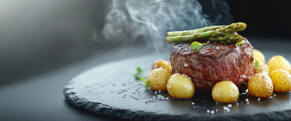 Wall Mural - Grilled steak with roasted baby potatoes and asparagus, placed on a slate plate, with steam rising, highlighting a rich, savory meal.