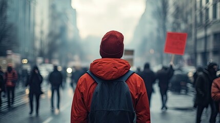 Wall Mural - Anonymous protester standing amidst a crowd during a city demonstration