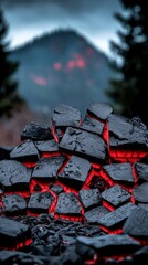 Wall Mural - Glowing Lava Rocks Against Dark Mountain Background