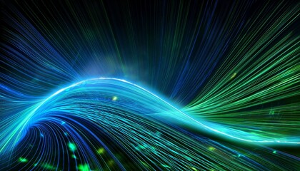 Wall Mural - background with glowing light blue and green lines particles of data flowing in the air