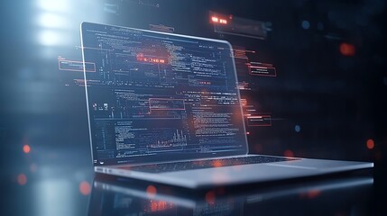 A modern laptop showing complex code and data analysis on its screen, symbolizing advancements in technology and programming. Ideal for business and tech-related themes.
