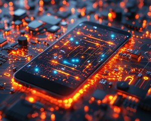 Leinwandbilder - Digital illustration of a smartphone on a circuit board with a mobile app UIUX interface displayed in the center, futuristic design, glowing circuits, ultradetailed, 8K UHD