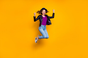 Wall Mural - full length photo of delighted crazy lady raise her fists scream yeah jump celebrate victory wear de
