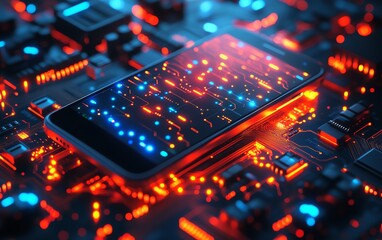 Aufkleber - A smartphone lying on a digital circuit board, displaying a modern mobile app UIUX, glowing vibrant elements, futuristic tech aesthetics, highly detailed, 8K UHD