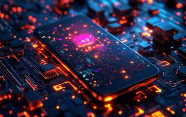 Aufkleber - A smartphone lying on a digital circuit board, displaying a modern mobile app UIUX, glowing vibrant elements, futuristic tech aesthetics, highly detailed, 8K UHD