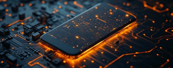 Aufkleber - Closeup of a smartphone centered on a circuit board, featuring a detailed mobile app UIUX design on the screen, glowing connections, sleek tech theme, 8K resolution