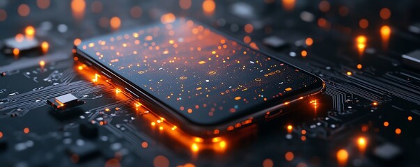 Aufkleber - Closeup of a smartphone centered on a circuit board, featuring a detailed mobile app UIUX design on the screen, glowing connections, sleek tech theme, 8K resolution